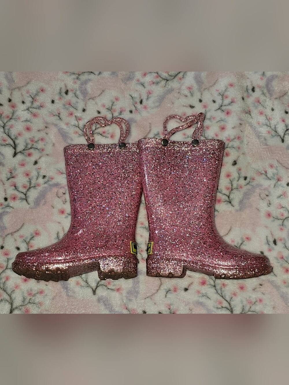Kids Glitter Pink Rain Boots with Heart Handles